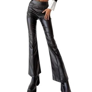 Princess Polly Black Faux Leather Flare Pants, Pull On Side Zip, Black, Size 0